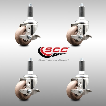 Service Caster 3.5 Inch 316SS High Temp Glass Filled Nylon 1 Inch Stem Caster Set Brake SCC SCC-SS316EX20S3514-GFNSHT-TLB-1-4